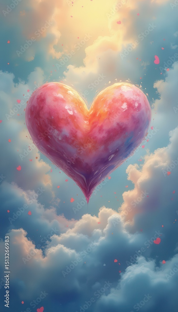 Poster surreal heart in the sky: a valentine's day dreamscape with clouds and soft light