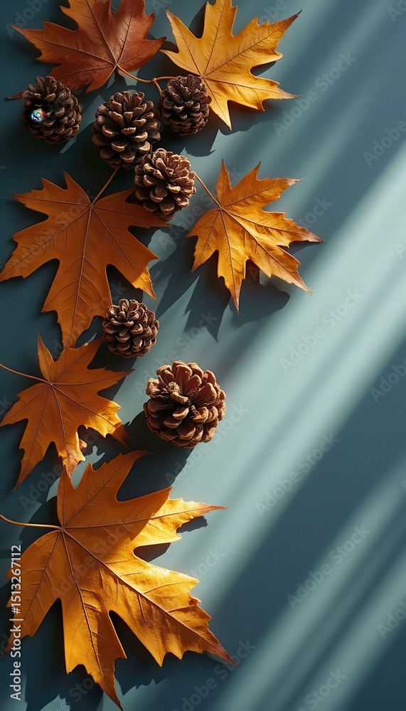 Poster autumn composition with maple leaves and pine cones on a blue background with sunlight