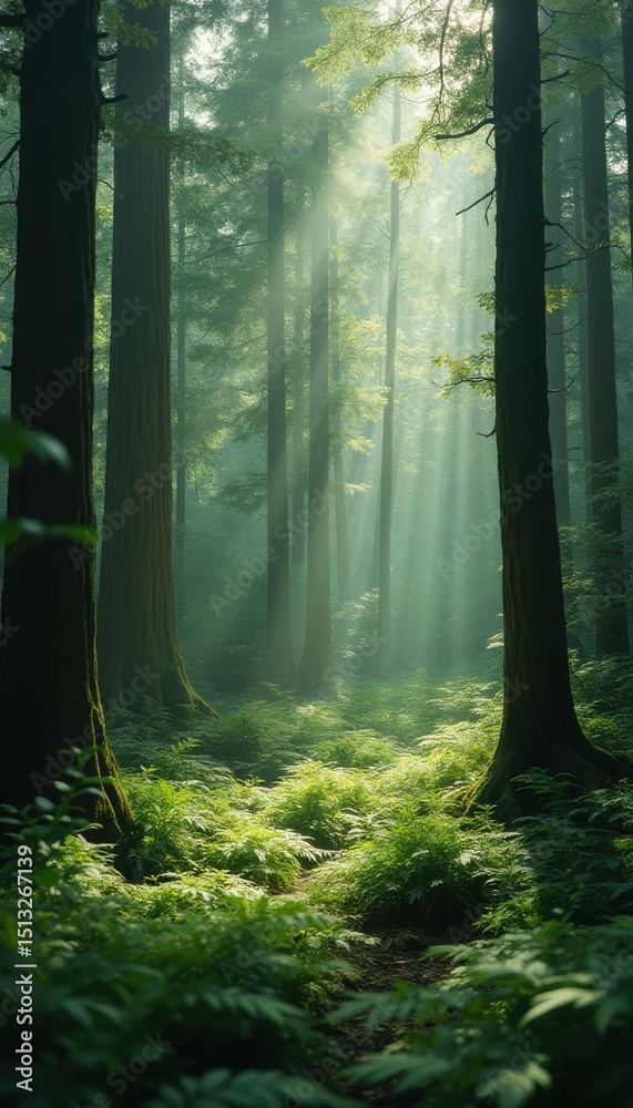 Aufkleber sunbeams illuminate a lush forest floor with towering trees and verdant ferns in a tranquil scene