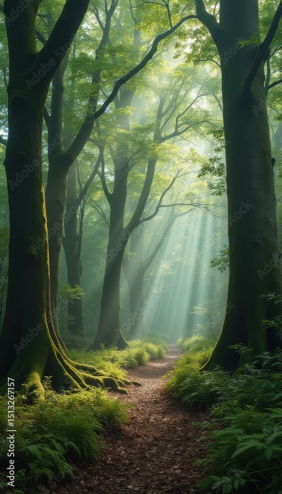 Poster Sunlight filters through the mist and trees in a beautiful forest path, ferns and roots lining the trail