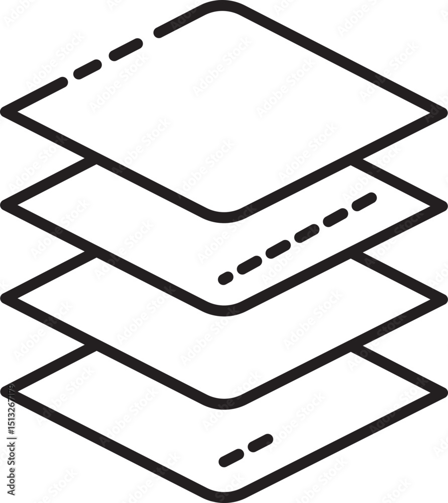 Poster stack of three overlapping layers is depicted minimalist black line art style, representing concepts