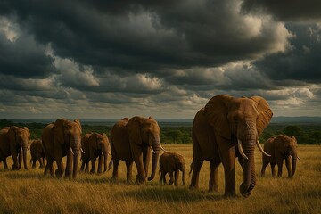Fototapeta premium Elephants Walking on African Savannah