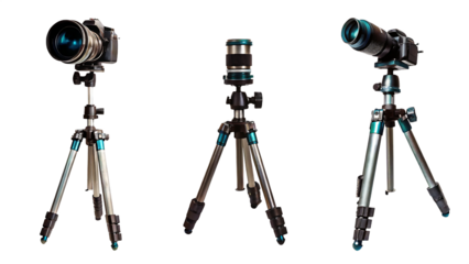 Three cameras on tripods isolated on a white background