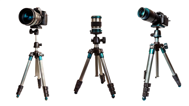 Three cameras on tripods isolated on a white background