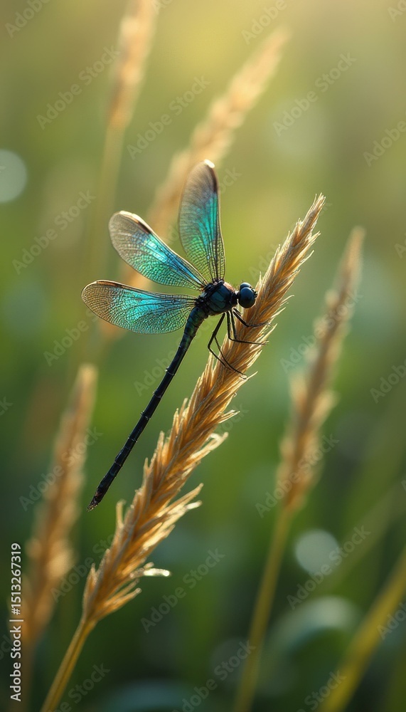 Poster graceful iridescent dragonfly perched on a blade of wheat in a summer field at golden hour