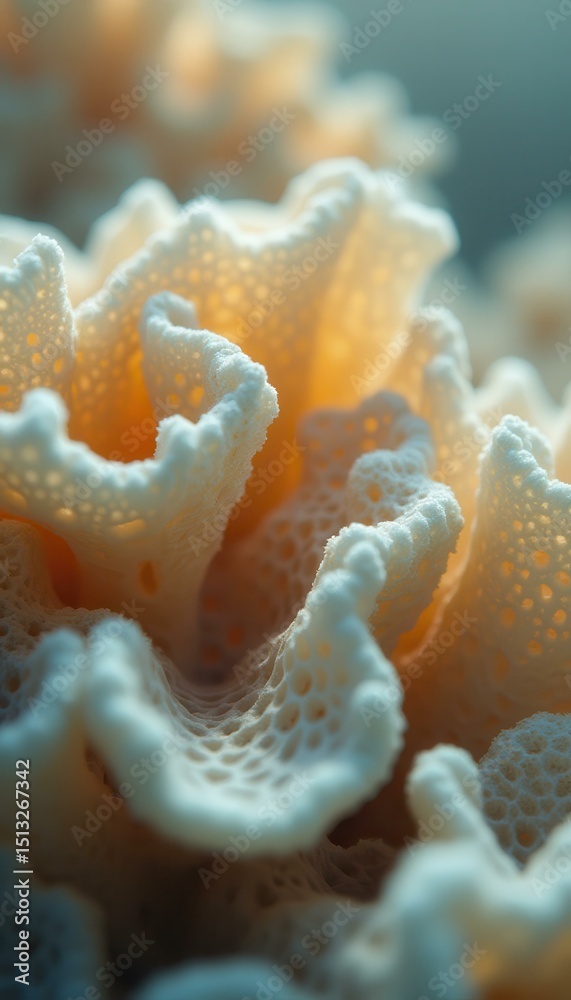 Poster intricate white coral structures with porous details, textured surface, and warm tones in a macro cl