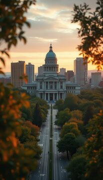 Fototapeta Majestic government building stands tall against a dawn sky amidst trees and architecture of a peaceful capital scene