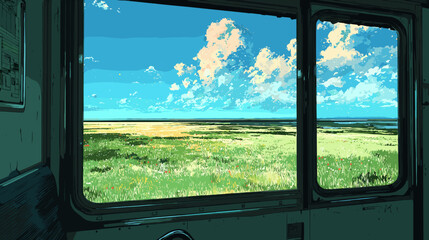 Fototapeta premium 電車の窓から見える夏の草原と青空の風景、ベクターイラスト