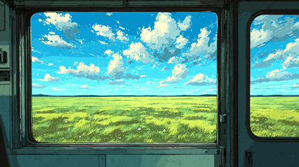 電車の窓から見える夏の草原と青空の風景、ベクターイラスト