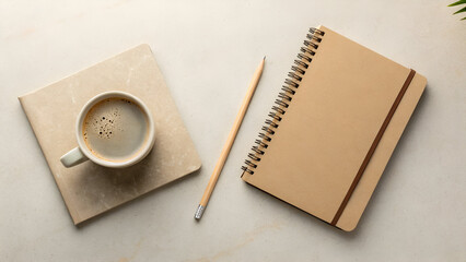 Beige Minimal Desk Flat Lay , notebook and pen on the minimal desk