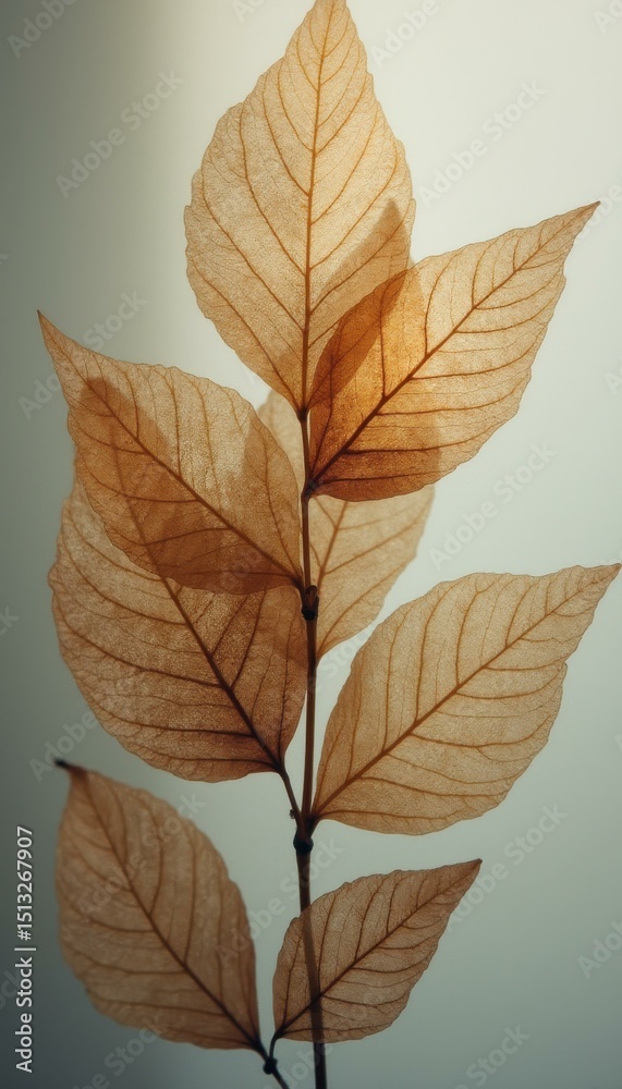 Poster delicate skeleton leaves on stem with intricate veins and translucent structure, exhibiting autumnal