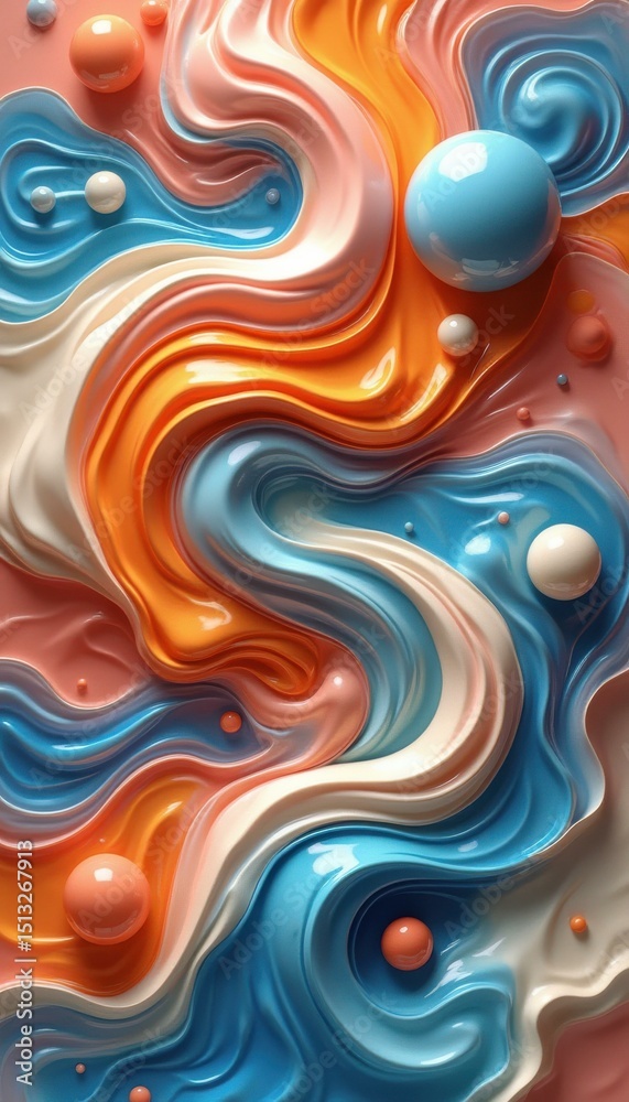 Leinwandbilder abstract flowing layers of orange, blue, and white with glossy spheres create a captivating and visu