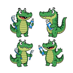 Four Green Cartoon Crocodiles Brushing Teeth Illustration