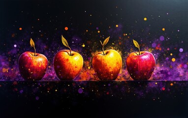 Four Apples on Dark Background with Speckled Paint