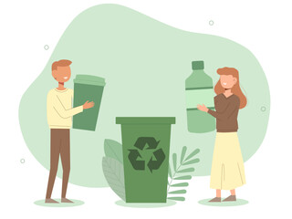 Green vector illustration, Man and woman collecting trash into recycling bin, flat characters vector illustration