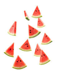 Watermelon slices flying in the air isolated on transparent background