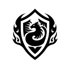 Fototapeta premium Vector silhouette icon of a dragon inside a shield with flame decorations.