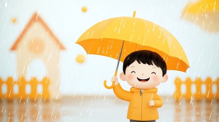 Happy child with umbrella in rainy weather.