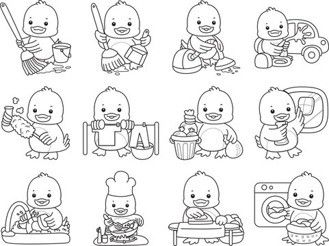 Lineart of Cute Duck icon. Outline of Funny baby Duck animal series stock illustration. life of fluffy Duck designs.