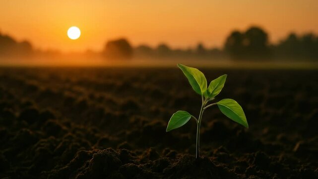 Young Sapling Sprouting in a Field During a Warm Sunrise