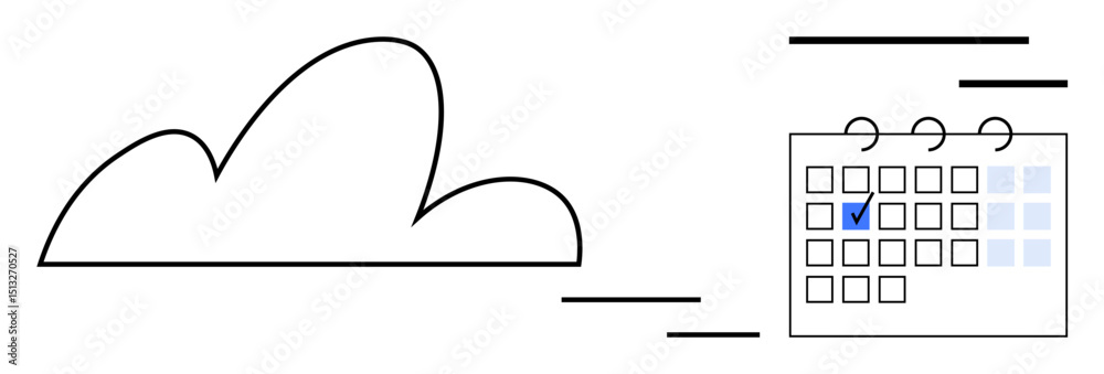Poster cloud element linked to a marked calendar date, symbolizing data synchronization, scheduling, effici