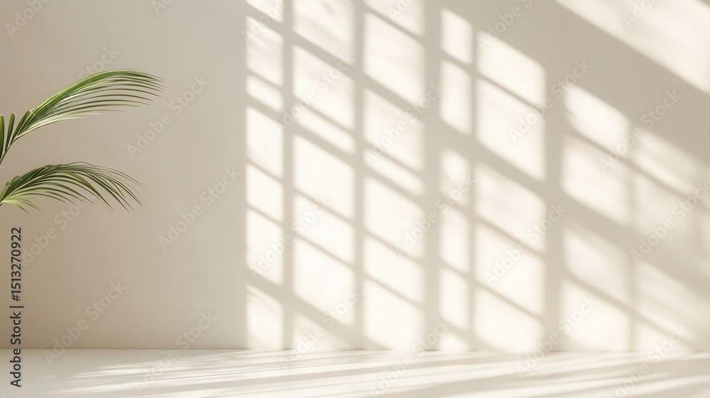 Poster natural window creating an abstract light of shadows from a pattern on a beige wall and floor, perfe