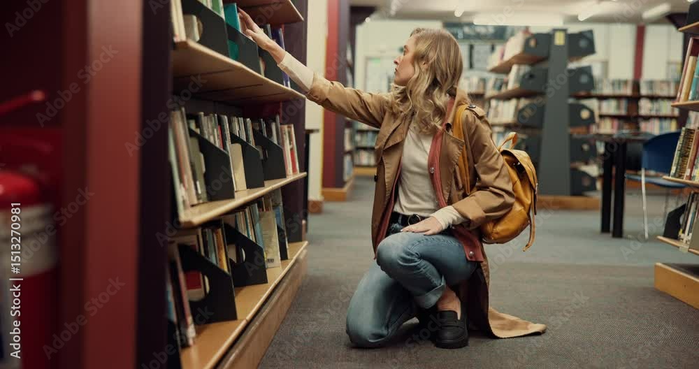 Poster Student, girl and search at bookshelf in library for book choice, test preparation and knowledge. University, person and check course resources for thesis citation, assignment research and education