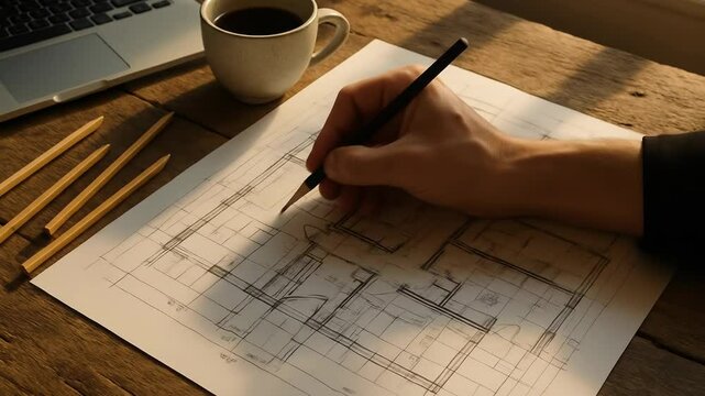 Architect Drawing a Floor Plan at a Wooden Desk