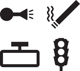 et of black driving icons: car horn, cigarette, rearview mirror, and traffic light