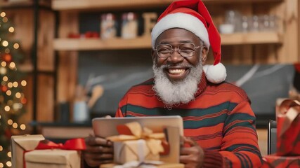 Man in a Santa hat smiles, surrounded by gifts. He's using a tablet for a holiday video call, spreading cheer and connection during the festive season. Modern take on tradition. - Powered by Adobe