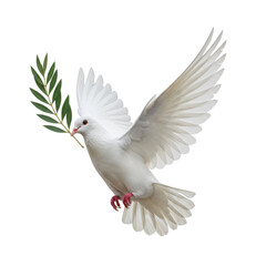 Obraz premium Flying white dove with olive branch isolated on transparent background. for peace, hope, faith, and religious use cases.