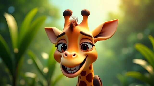Cartoon giraffe with eyes closed in a lush green forest, bathed in warm sunlight