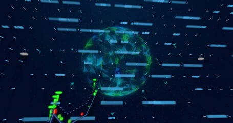 After streaming data bars rotating globe starting jagged charts rising toward center showing growth - Powered by Adobe