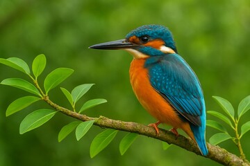Common Kingfisher on a Green Branch