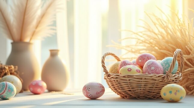 Decorated Easter Eggs in Basket.
