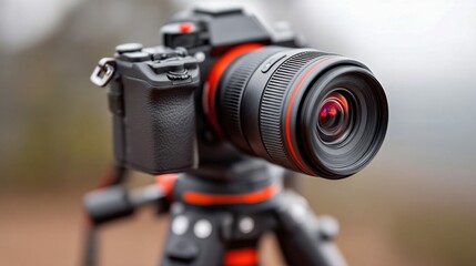 A close-up shot of a professional camera with a large lens mounted on a tripod, capturing the details of the equipment.