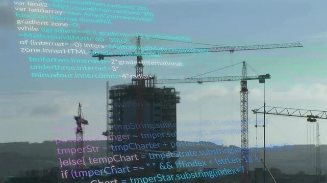 Site opening showing high-rise tower, code fading, scrolling, mixing digital, construction visuals