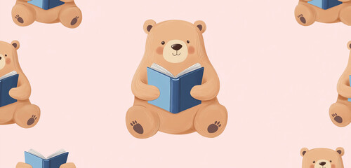 brown bear with a blue book pattern on a pink background