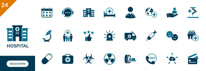 Hospital icon. Containing medical, healthcare, medical appointment, ct scan, service quality, medicine. Solid vector icon set.