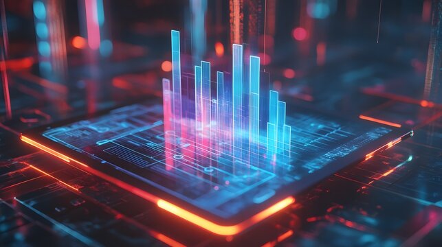 A tablet with holographic revenue graphs hovering above it