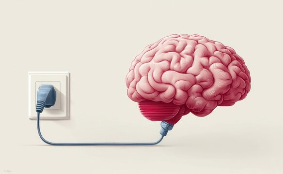 This image depicts a brain being plugged into an outlet, symbolizing ideas and energy.