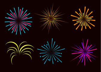 Celebration Simple Fireworks with Black Background Vector Illustration Collection
