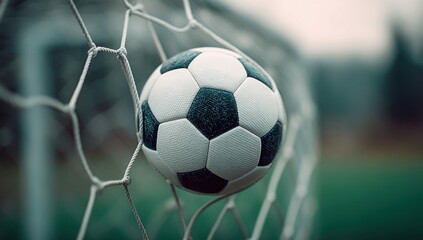 A close-up of a soccer ball nestled in the net, showcasing the game's excitement. The net is in sharp focus against a blurred background.