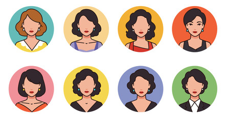 Collection of Eight Cartoon Womens Portraits in Circular Frames