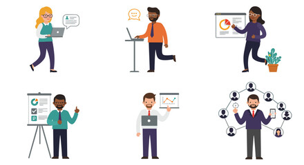 Diverse business professionals presenting data networking and using technology