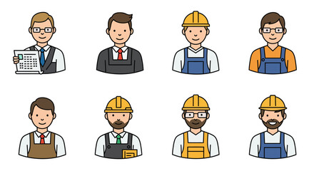 Cartoon Illustrations of Various Professions Construction Workers Architect and Manager