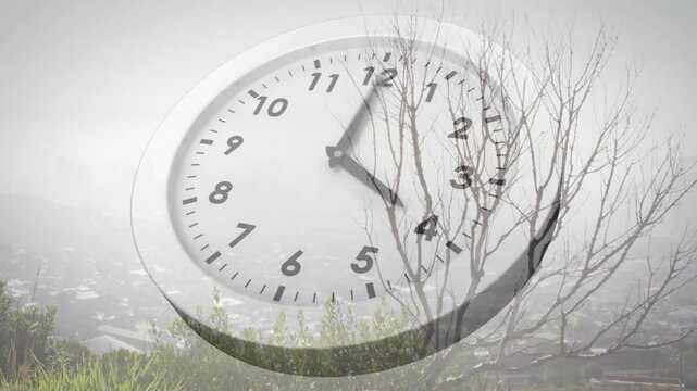 On clip start semi-transparent clock dial advancing minute and hour hands showing time passing