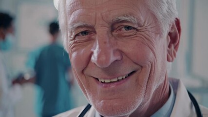 Smiling senior male doctor in white coat standing in modern hospital with colleagues in background - Powered by Adobe