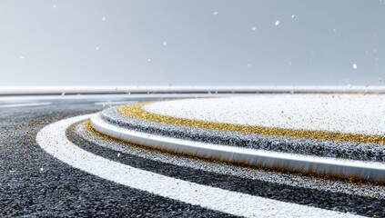 Abstract, circular, elevated platform with white and gold glitter, textured asphalt