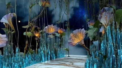 Abstract floral scene with blue crystals and glowing flowers   - Powered by Adobe